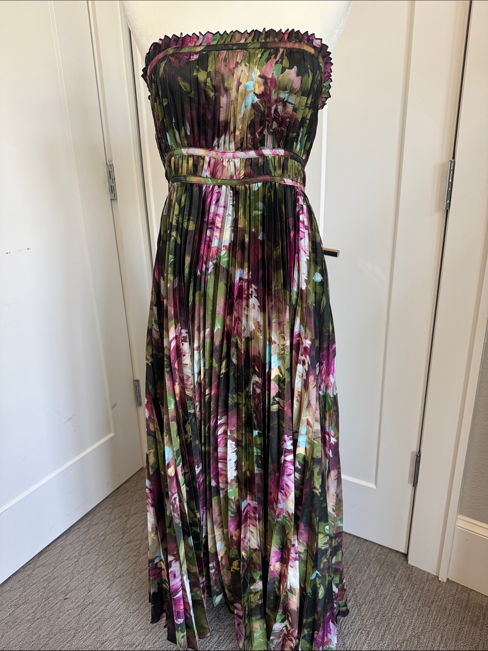 Petal & Pup Strapless Pleated Floral Maxi Dress in Black, Green & Pink